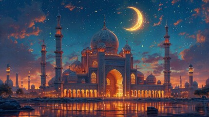 Wall Mural - Glowing Moonlit Night at the Grand Mosque Generative AI