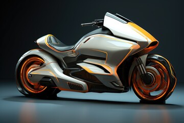 Close up custom motorbike on dark background, Futuristic sci-fi cyberpunk sports bike motorcycle with neon lights, Ai generated