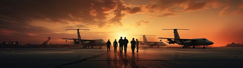 A military aircraft stationed at the airport during the captivating hues of sunset.