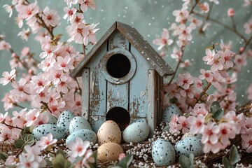 Wall Mural - Easter Eggs and Flowers: A Blue Birdhouse with a Nest of Eggs and Flowers Generative AI
