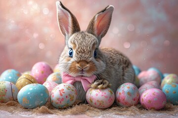 Wall Mural - Bunny in the Spotlight: Easter Eggs and a Pink Bow Generative AI