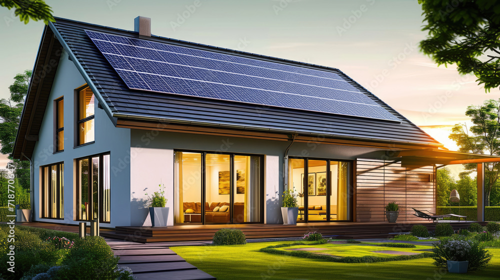 New suburban house with a photovoltaic system on the roof. Modern eco ...