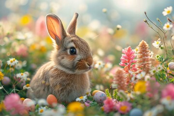 Wall Mural - Bunny in a Field of Flowers: A Cute Easter Celebration Generative AI