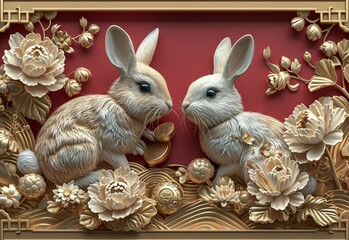Wall Mural - Bunny Love: A Golden Easter Celebration Generative AI