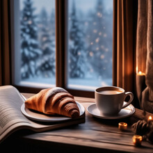 Cup Of Coffee And Croissant On The Windowsill Of A Winter Window