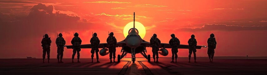 Wall Mural - A military aircraft stationed at the airport during a picturesque sunset, symbolizing strength and readiness.