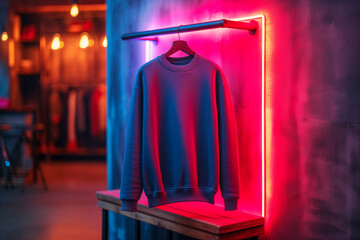 Mockup of black cotton sweatshirt on coat rack on neon light wall background
