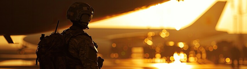 Wall Mural - A scene of a military aircraft in the airport against the backdrop of a stunning sunset, capturing the essence of evening operations.