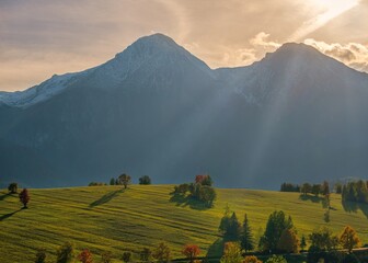 Wall Mural - Beautiful autumn landscape in the mountains. Clouds illuminated by the morning sun floating low over the valley. Country panorama view from Slowakian High Tatras.