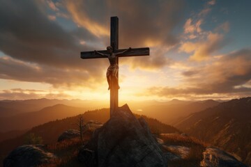 Wall Mural - Jesus crucifix against mountain sunset