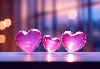 Wall Mural - three pink heart shaped figurines on a background with bokeh blur