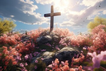 Wall Mural - Symbolic elements of Easter: cross, flowers, sunlight.