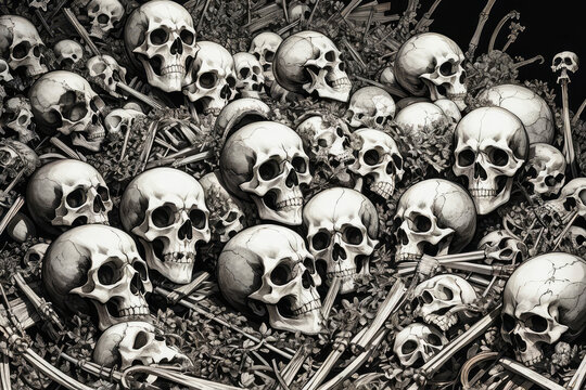 A pile of skulls human skulls. black and white horror style art of a nightmare realm of death