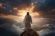 Jesus walks on water towards boat during storm.