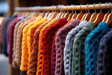 Colorful knitted sweaters neatly displayed on wooden hangers.