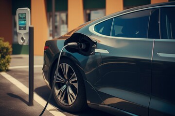 Close-up of an electric car plugged into a charging station.