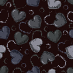 Wall Mural - Camouflage gray pattern with hearts. Grunge outline silhouettes of hearts, circles behind. Dark illustration for woman t shirt design, textile, sport clothing, goods.
