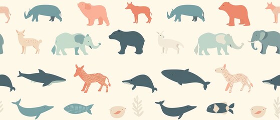 Wall Mural - Seamless pattern of pastel colored animals