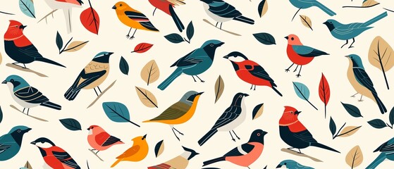 Wall Mural - Seamless pattern with pastel colored birds