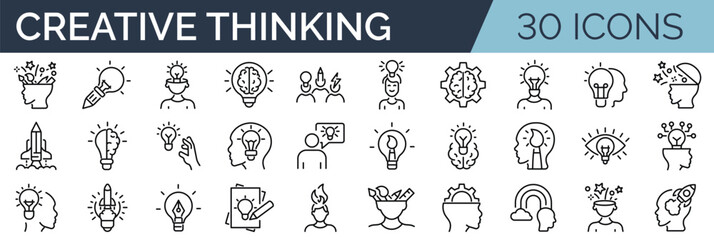 Set of 30 outline icons related to creative thinking. Linear icon collection. Editable stroke. Vector illustration