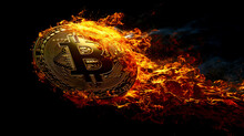 Golden Bitcoin Engulfed In Flames On Black Background - Rising P