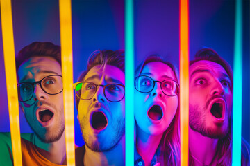 Wall Mural - Smiling, shocked, scared - a collage of portraits of young emotional people on multicolored background in neon. Concept of human emotions, facial expression, sales, laughing.