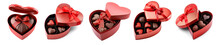Collection Of Red Heart Shaped Box With Open Lid And Chocolate Inside Ribbon On Isolate Transparency Background, PNG
