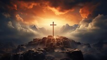 Holy Cross Symbolizing The Death And Resurrection Of Jesus Christ With The Sky Over Golgotha Hill Is Shrouded In Light And Clouds. Apocalypse Concept