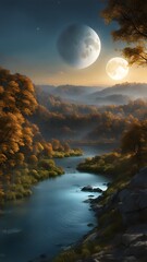 Night with lake beside forest with two beautiful moon.