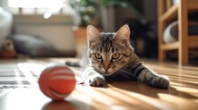 Curious Cat Eyeing A Playful Ball In Sunlit Room