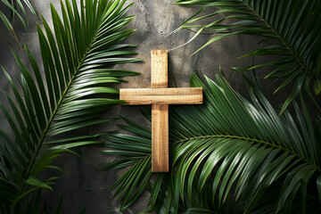 Wall Mural - overhead view of a religious cross with palm leaves. Easter palm sunday background