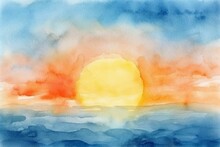 Abstract Watercolor Sunset Sky With The Sun Over The Horizon In Orange And Blue Gradient On Textured Paper, Drawn With A Brush. Generative AI