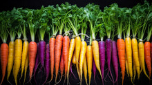 Vibrant Carrots Display A Rainbow Palette. From Rich Orange, Yellow To Deep Purple, A Colorful Array Of Nature's Hues In One Crunchy Garden Delight.