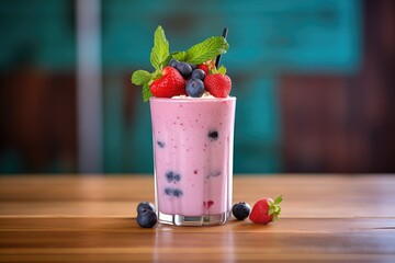 Wall Mural - glass of berry smoothie with mint leaf garnish