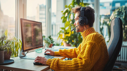 Focused software developer with headphones working on computer code in a bright office space.