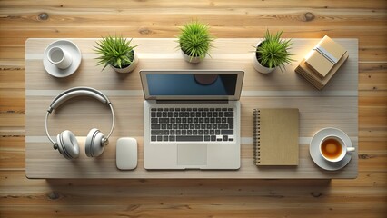 Generative AI: Top view of a desk with open laptop and headphones mockup