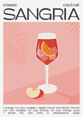 Wall Mural - Classic Sangria cocktail with slice of orange and apple. Traditional Spanish drink with fruits and berries. Summer aperitif retro minimal poster. Wall art print with alcoholic beverage. Vector .