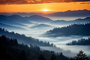 Wall Mural - sunset in smoky fog mountains