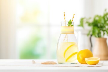 homemade lemonade in bottle with striped straw and lemon zest