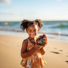 Little Girl With Shell On Beach
