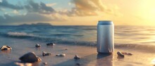 A Beer Can With No Label On Ocean Background, Relaxation And Enjoyment At Seaside