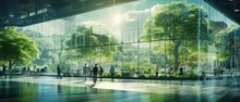 Glass Office And Working Space With Blurred People Walking Fast Movement, Eco-friendly Featuring Sustainable Building With Green Environment And Trees, Green Environment In City, Generative AI