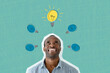 Happy young businessman with an idea looking up, drawn light bulb. New idea. Strategy, business concept. Art collage