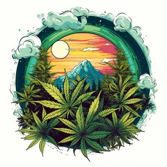 cannabis leaves with mountains and clouds in the background