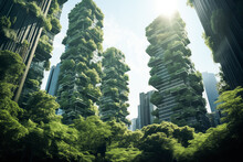 Environmentally Sustainable Futuristic City. Exterior Of A Green Sustainable Building Covered. Eco-friendly Building In The Modern City. Building With Trees For Reducing Heat And Carbon Dioxide 