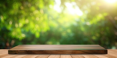 Product display montage outdoors with an empty wooden table, green bokeh background