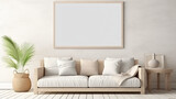 Fototapeta  - Frame mockup in living room interior background, sofa, interior, room, furniture, home, couch, wall, living, design, house, chair, lamp, floor, apartment, contemporary, table, comfortable, decor, 3d, 