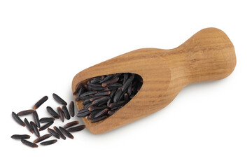 Poster - Black rice in a wooden scoop isolated on white background. Top view. Flat lay