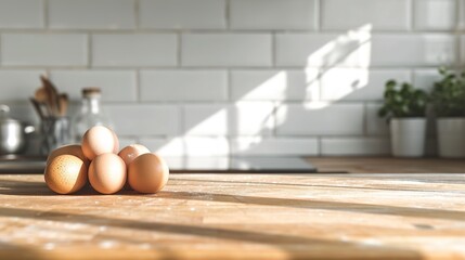 Wall Mural - close up blank empty space on beautiful wooden kitchen counter top with stylish kitchen ware, Fresh eggs, square white ceramic wall tiles