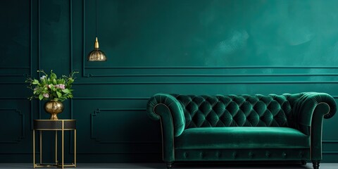 Wall Mural - Dark green classic interior with a vintage velvet sofa near an emerald wall and a close-up of the armrest on a luxurious green couch.